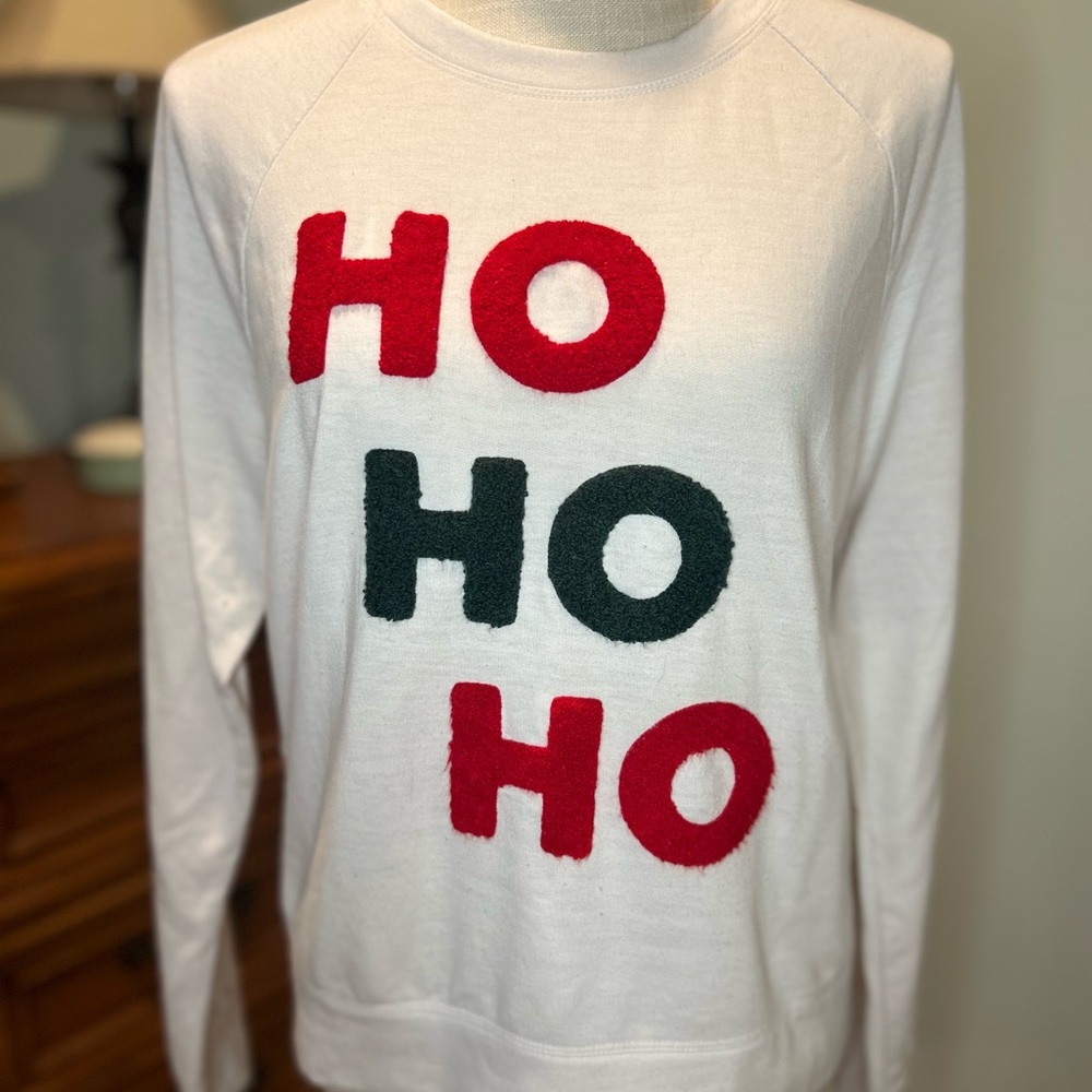 Workshop Republic Clothing Holiday White Sweatshirt with Red and Green Letters
